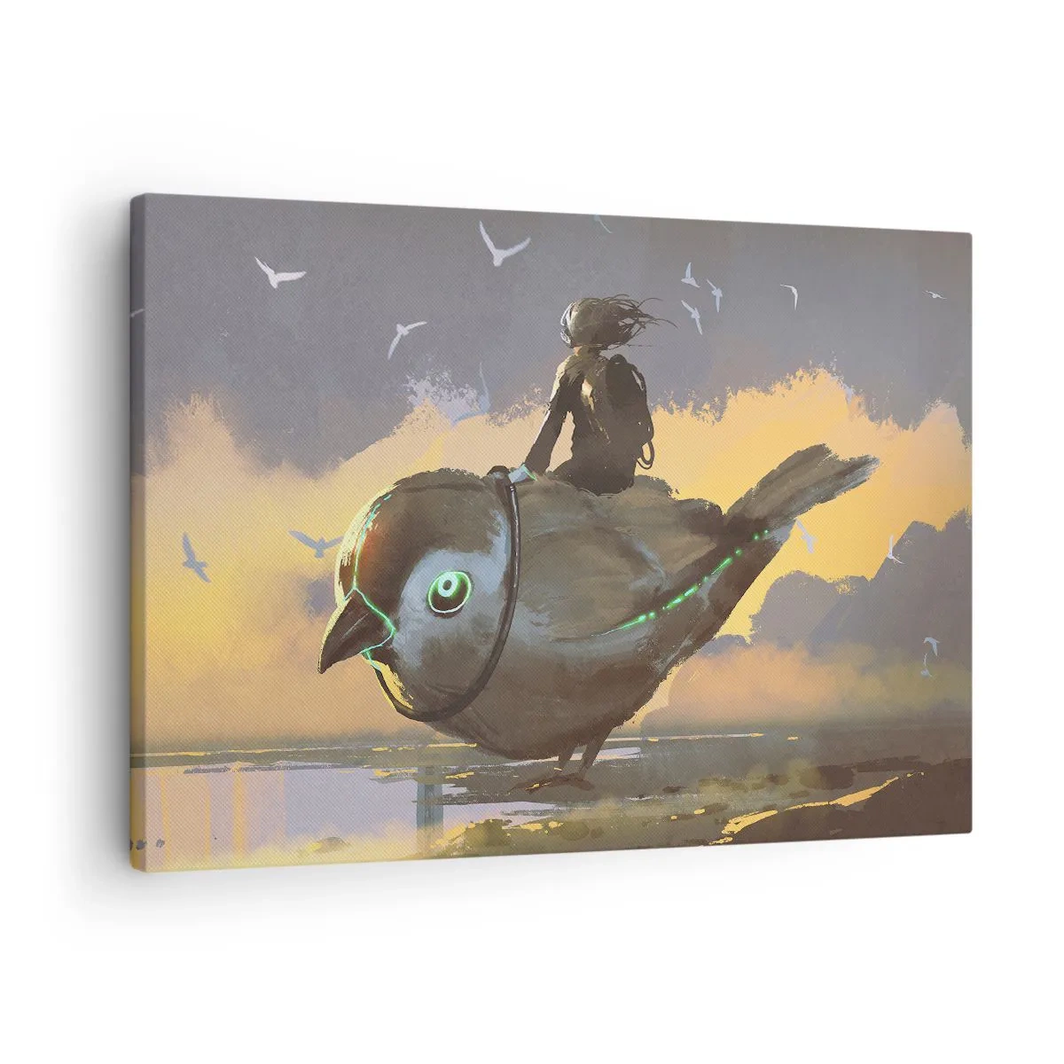 Bild auf Leinwand - Leinwandbild - Reiter auf einem riesigen Vogel in einer surrealen Landschaft - 70x50cm - Ein Stopp auf einer fantastischen Reise - Moderne Wanddekoration für Wohnzimmer und Schlafzimmer ARTTOR