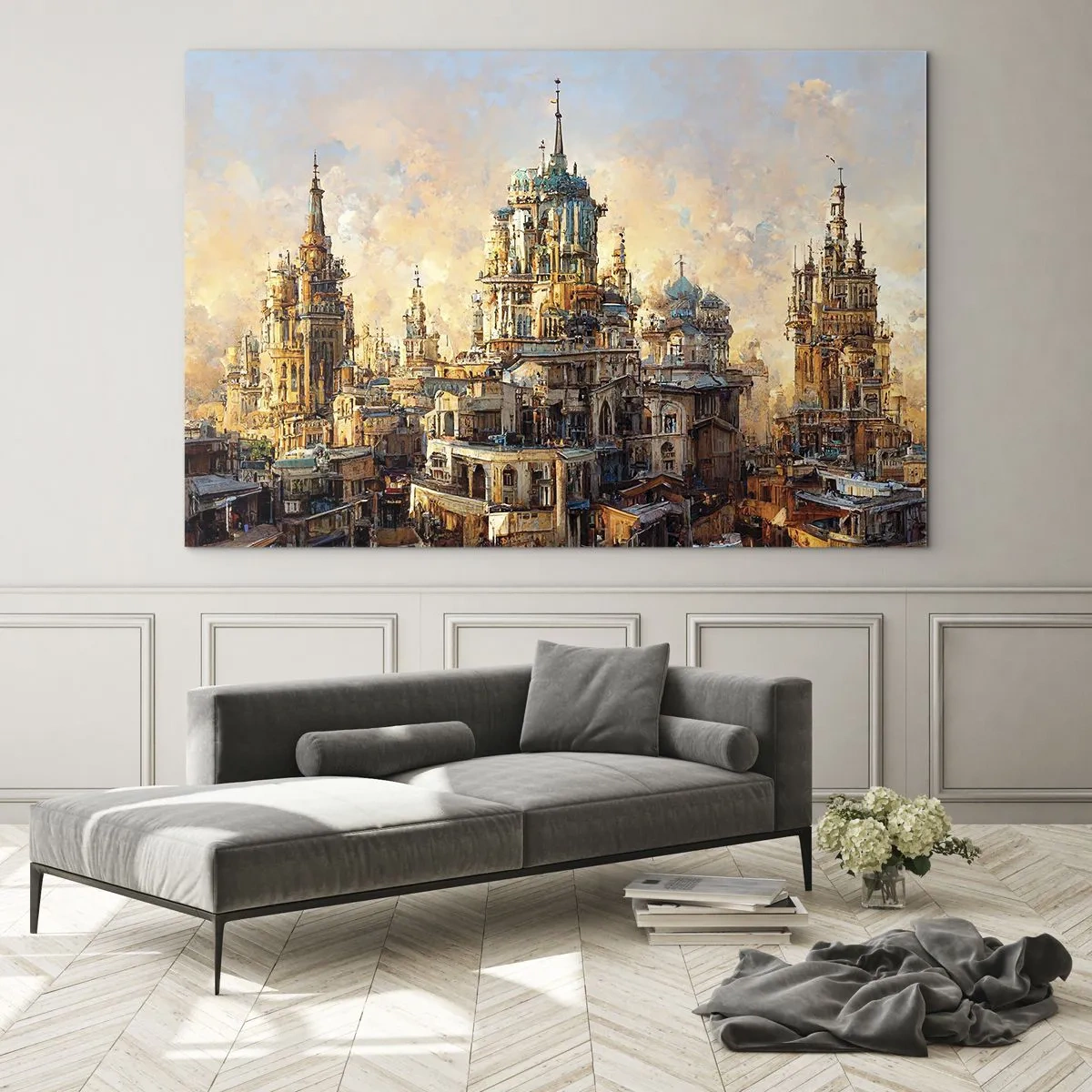 Glasbild - Bild auf glas - Ein fantastisches Panorama der Stadt mit Türmen und Palästen - 100x70cm - Stadt der Städte - Moderne Wanddekoration für Wohnzimmer und Schlafzimmer ARTTOR