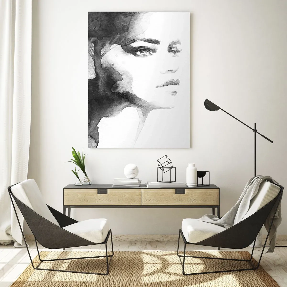 Glasbild - Bild auf glas - Schwarz-weißes Aquarellporträt einer Frau - 50x70cm - Aus Geheimnis und Nebel - Moderne Wanddekoration für Wohnzimmer und Schlafzimmer ARTTOR