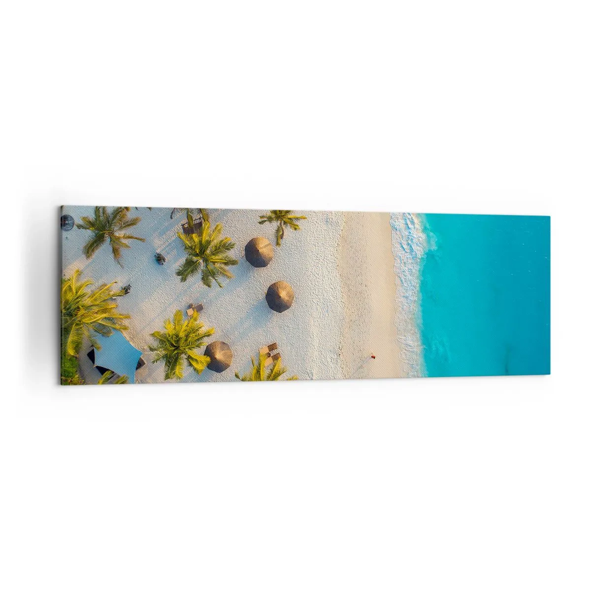Bild auf Leinwand - Leinwandbild - Blick auf einen tropischen Strand mit Palmen und türkisfarbenem Meer - 160x50cm - Willkommen im Paradies - Moderne Wanddekoration für Wohnzimmer und Schlafzimmer ARTTOR