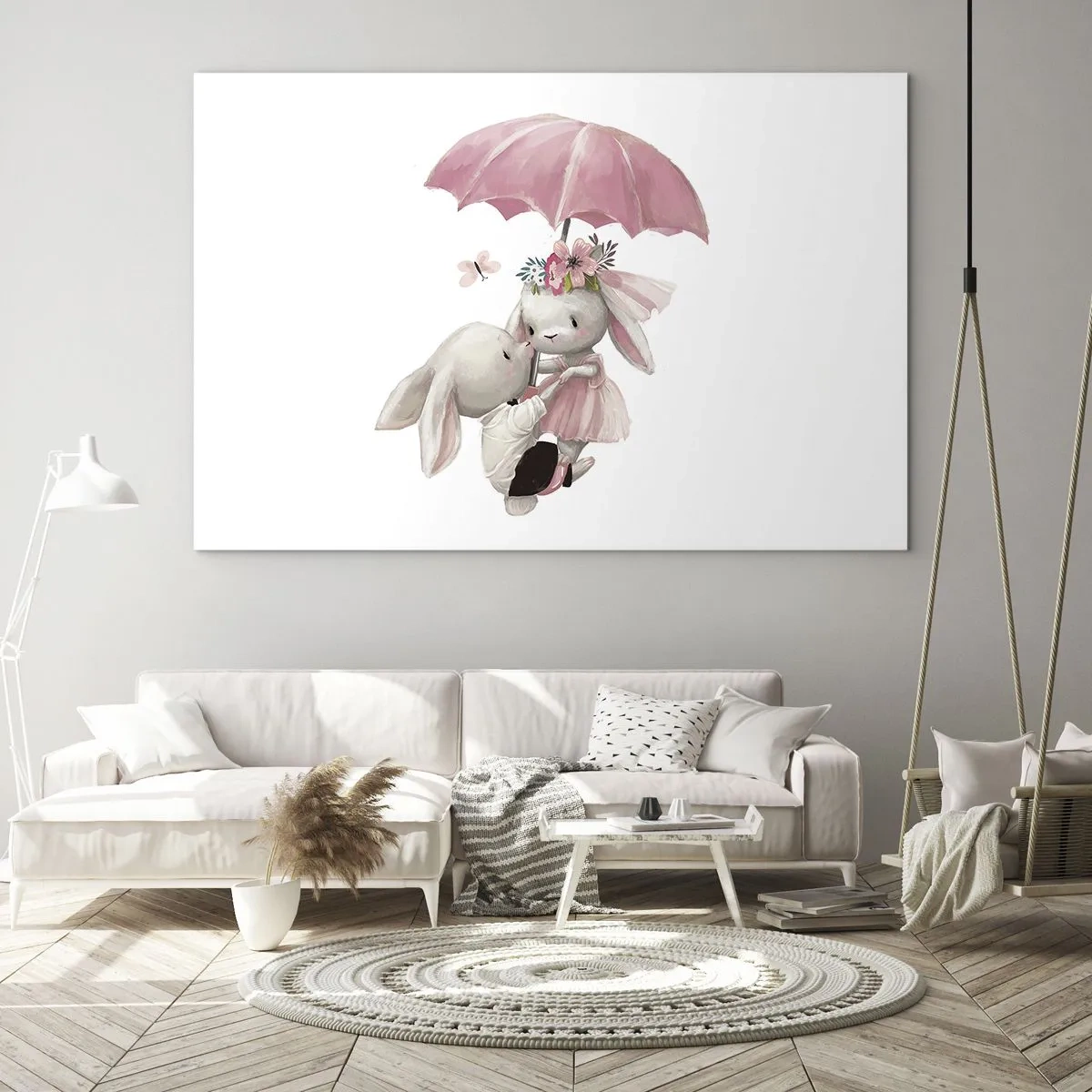 Glasbild - Bild auf glas - Zwei Kaninchen unter einem rosa Regenschirm in einer romantischen Szene - 120x80cm - Das ist eben Liebe - Moderne Wanddekoration für Wohnzimmer und Schlafzimmer ARTTOR
