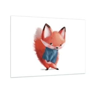 Glasbild - Bild auf glas - Ein süßer Fuchs in einem blauen Pullover auf weißem Hintergrund - 100x70cm - Steht mir das gut? - Moderne Wanddekoration für Wohnzimmer und Schlafzimmer ARTTOR