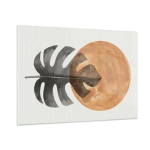 Glasbild - Bild auf glas - Monstera-Blatt und orangefarbener Kreis im Grafikstil auf weißem Hintergrund. - 100x70cm - Immer die Sonne - Moderne Wanddekoration für Wohnzimmer und Schlafzimmer ARTTOR