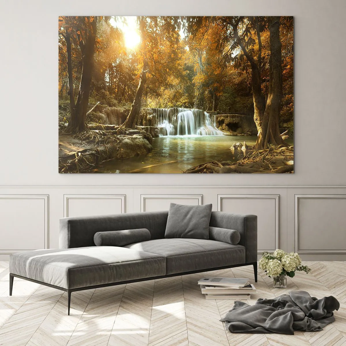 Glasbild - Bild auf glas - Ein Wasserfall in einem Park, umgeben von Bäumen in Herbstfarben - 70x50cm - Parkkaskade - Moderne Wanddekoration für Wohnzimmer und Schlafzimmer ARTTOR
