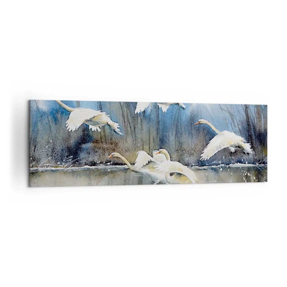 Bild auf Leinwand - Leinwandbild - Schwäne im Flug über einem zugefrorenen See in einer Winterlandschaft - 160x50cm - Wie im Märchen von den wilden Schwänen - Moderne Wanddekoration für Wohnzimmer und Schlafzimmer ARTTOR