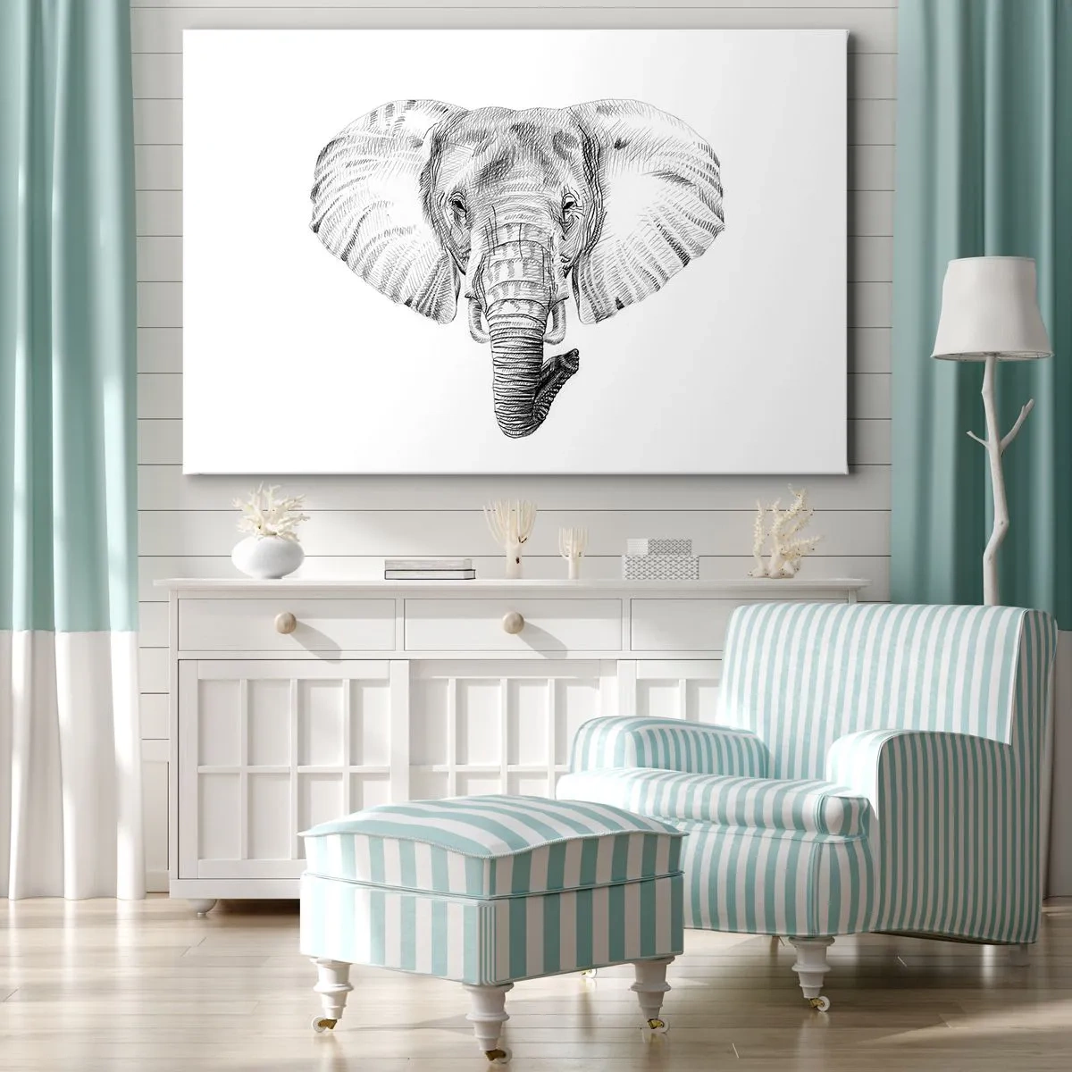Bild auf Leinwand - Leinwandbild - Schwarz-weiße Zeichnung eines Elefantenkopfes auf weißem Hintergrund - 100x70cm - Da war ein Elefant, so groß wie - ein Elefant - Moderne Wanddekoration für Wohnzimmer und Schlafzimmer ARTTOR
