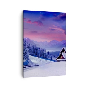 Bild auf Leinwand - Leinwandbild - Winterlandschaft mit Berghütten bei Sonnenuntergang - 50x70cm - Stille Nacht - Moderne Wanddekoration für Wohnzimmer und Schlafzimmer ARTTOR