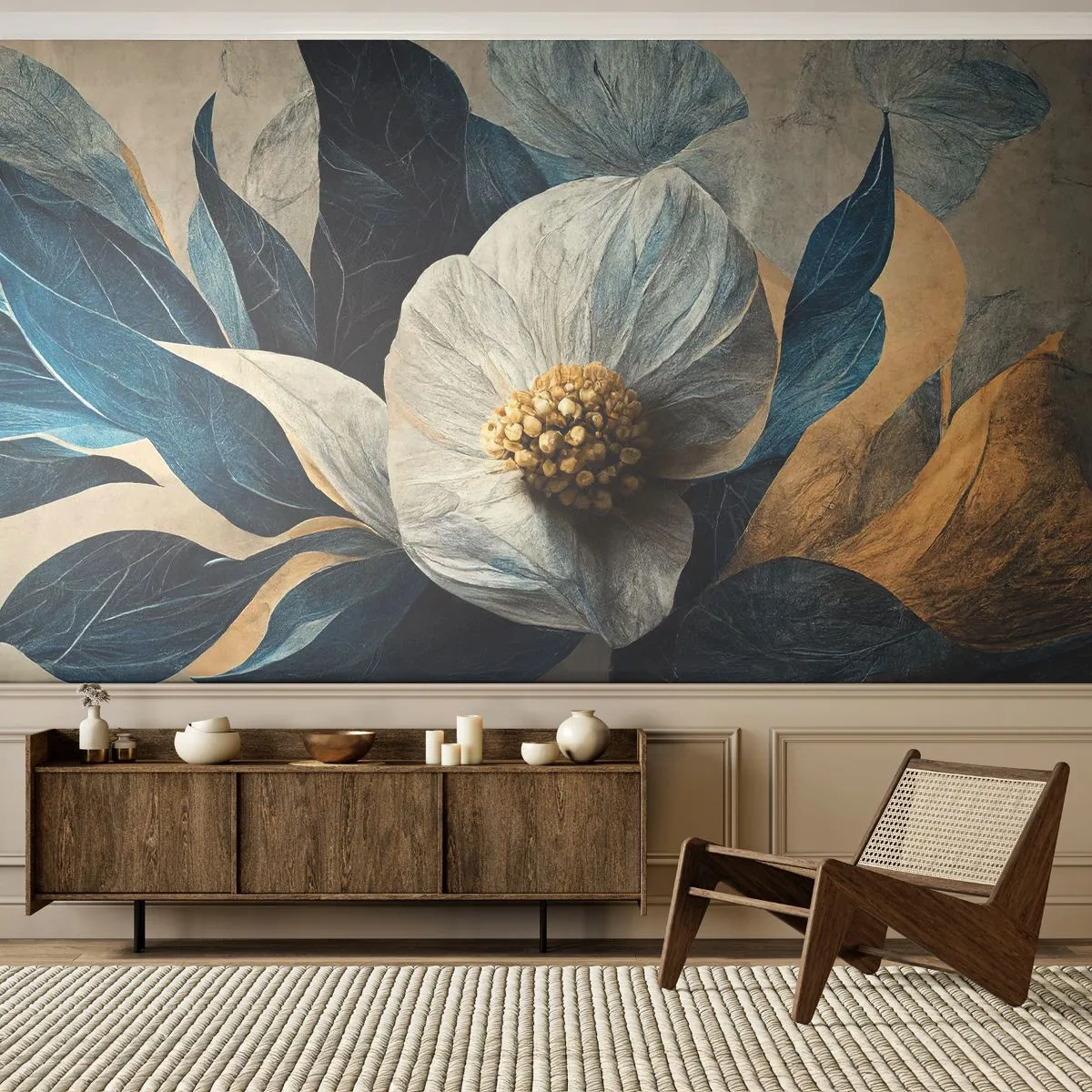 Fototapete Premium Sand - Eine Blume mit weißen Blütenblättern, blauen Blättern und einer goldenen Mitte - 100x70cm - Er hat ein Herz aus Gold - Moderne Wanddekoration für Wohnzimmer und Schlafzimmer ARTTOR