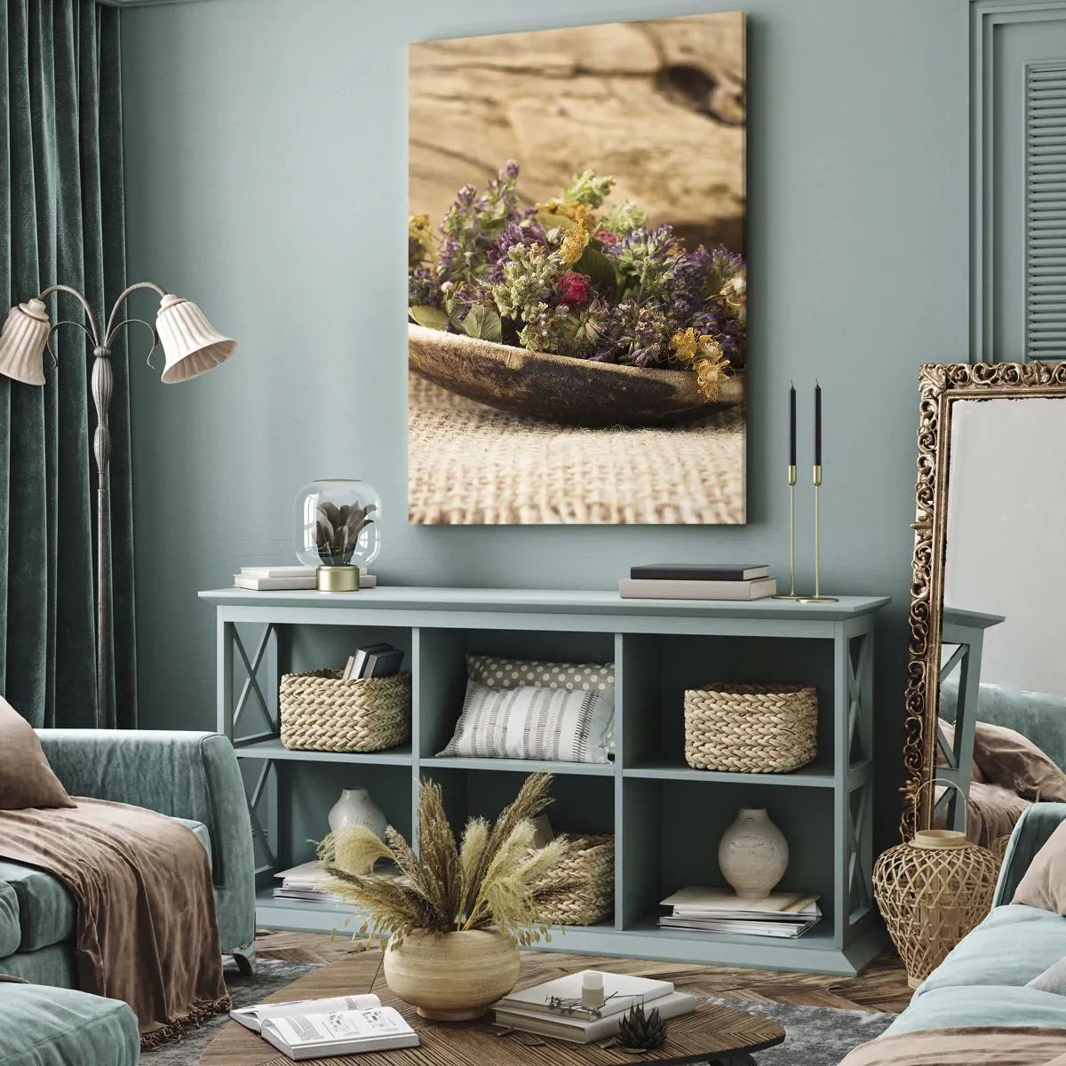 Bild auf Leinwand - Leinwandbild - Bunte Blumen und duftende Kräuter - 55x100 cm