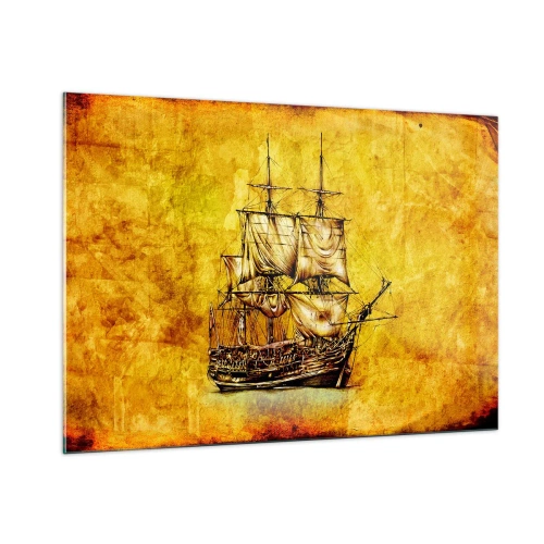 Glasbild - Bild auf glas - Ein historisches Segelschiff vor dem Hintergrund stilisierten Pergaments - 100x70cm - Richtung Tortuga! - Moderne Wanddekoration für Wohnzimmer und Schlafzimmer ARTTOR