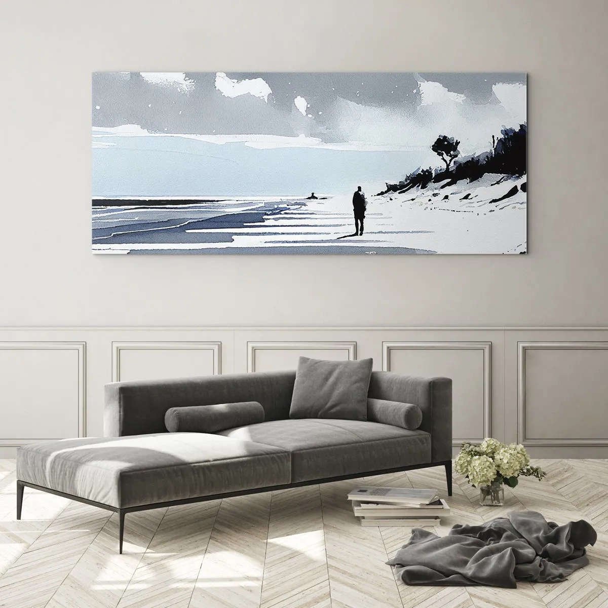 Glasbild - Bild auf glas - Eine einsame Gestalt, die an einem leeren Strand entlanggeht - 140x50cm - Allein sein - Moderne Wanddekoration für Wohnzimmer und Schlafzimmer ARTTOR
