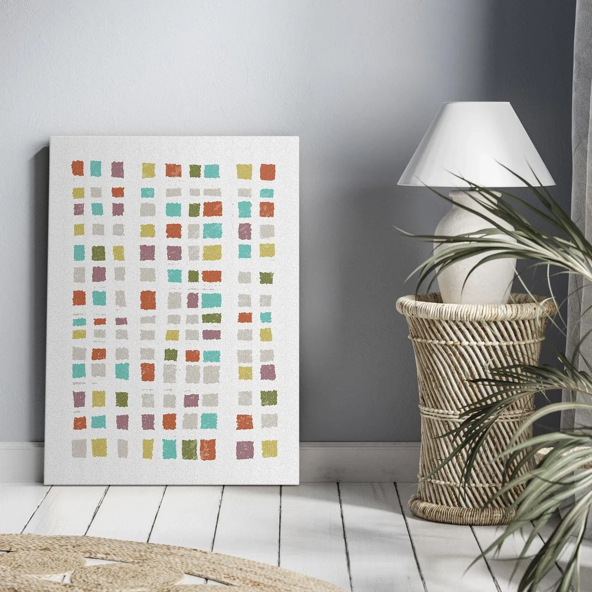 Bild auf Leinwand - Leinwandbild - Bunte Quadrate in minimalistischer Anordnung auf weißem Hintergrund - 50x70cm - Unbekanntes Spiel - Moderne Wanddekoration für Wohnzimmer und Schlafzimmer ARTTOR