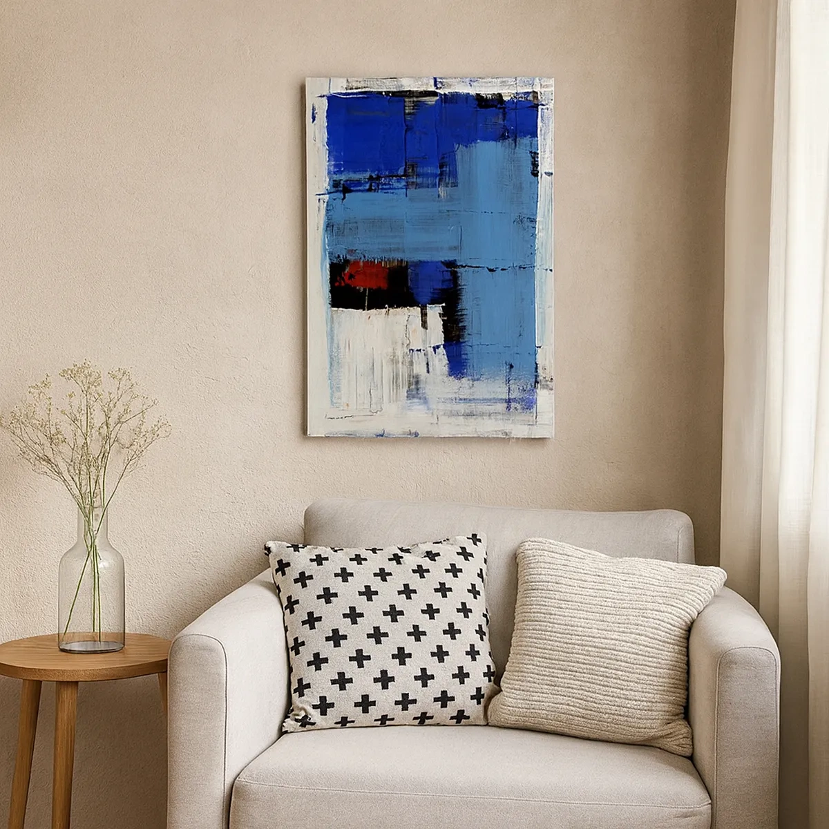 Bild auf Leinwand - Leinwandbild - Abstrakte Komposition in Blau- und Weißtönen - 50x70cm - Geheimnis ist blau - Moderne Wanddekoration für Wohnzimmer und Schlafzimmer ARTTOR