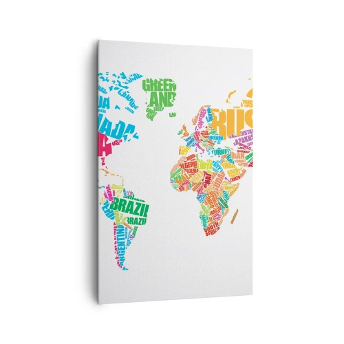 Bild auf Leinwand - Leinwandbild - Bunte Weltkarte mit Ländernamen - 80x120cm - Ich möchte sie alle treffen - Moderne Wanddekoration für Wohnzimmer und Schlafzimmer ARTTOR