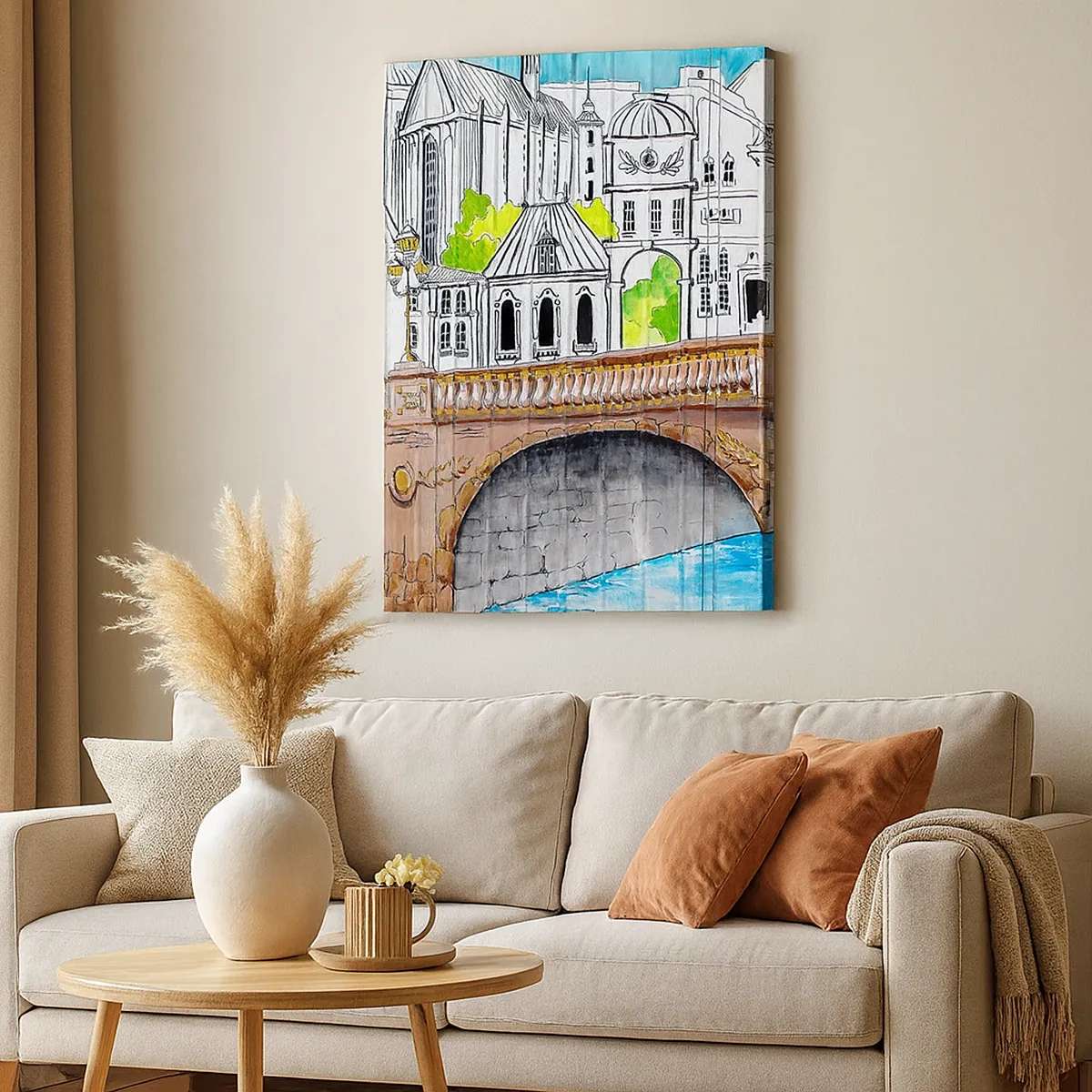 Bild auf Leinwand - Leinwandbild - Zeichnung der Brücke und historische Stadtarchitektur - 50x70cm - Die Stadt ist gemalt - Moderne Wanddekoration für Wohnzimmer und Schlafzimmer ARTTOR