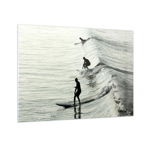 Glasbild - Bild auf glas - Drei Surfer reiten morgens auf den Wellen - 70x50cm - Gegen die Welle - Moderne Wanddekoration für Wohnzimmer und Schlafzimmer ARTTOR