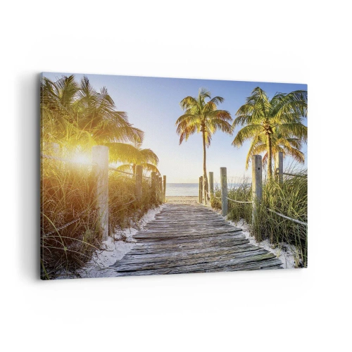Bild auf Leinwand - Leinwandbild - Holzweg am Strand mit Palmen im Hintergrund - 120x80cm - Direkt ins Paradies - Moderne Wanddekoration für Wohnzimmer und Schlafzimmer ARTTOR