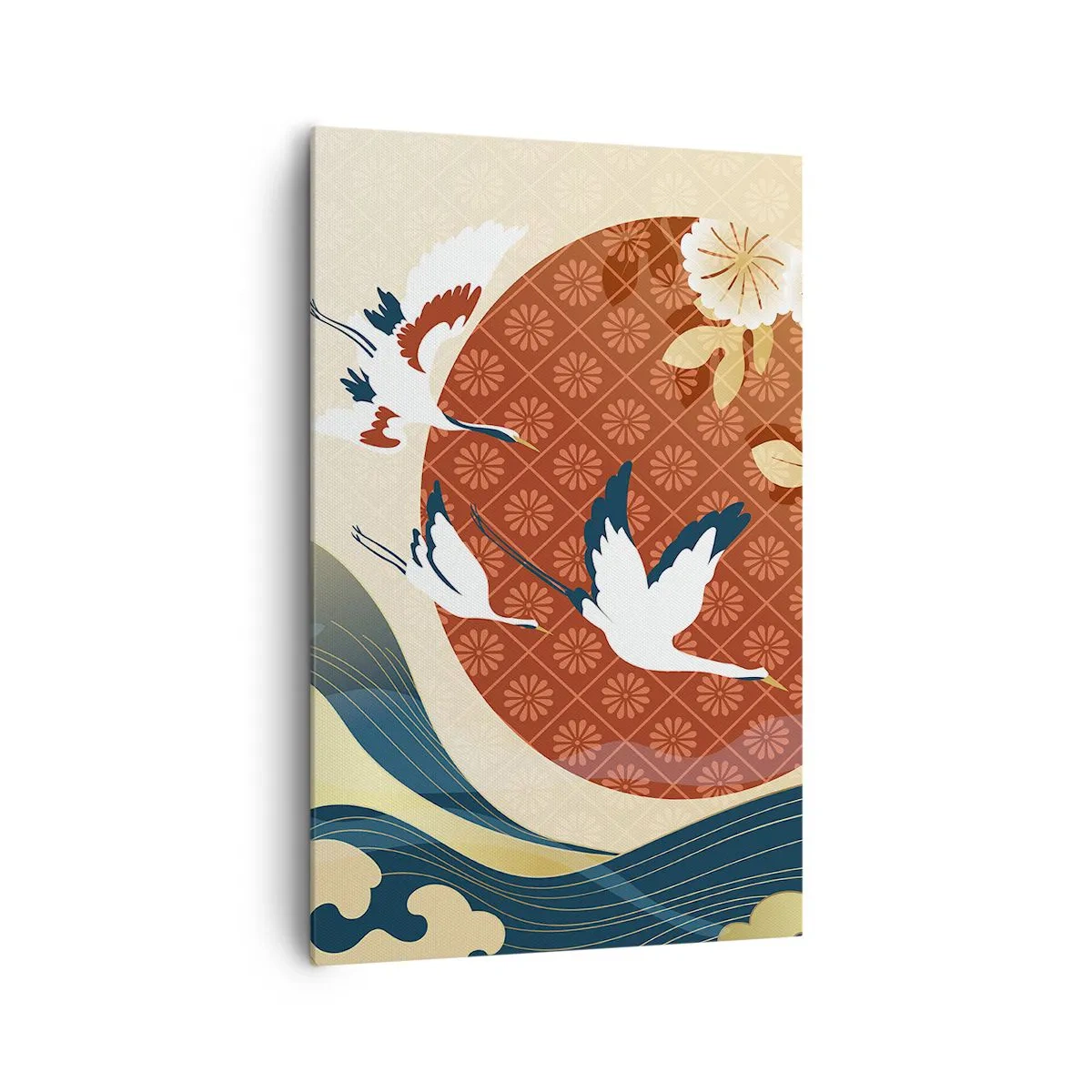 Bild auf Leinwand - Leinwandbild - Japanische Komposition mit Kranichen und Wellen - 80x120cm - Japanisches Märchen - Moderne Wanddekoration für Wohnzimmer und Schlafzimmer ARTTOR