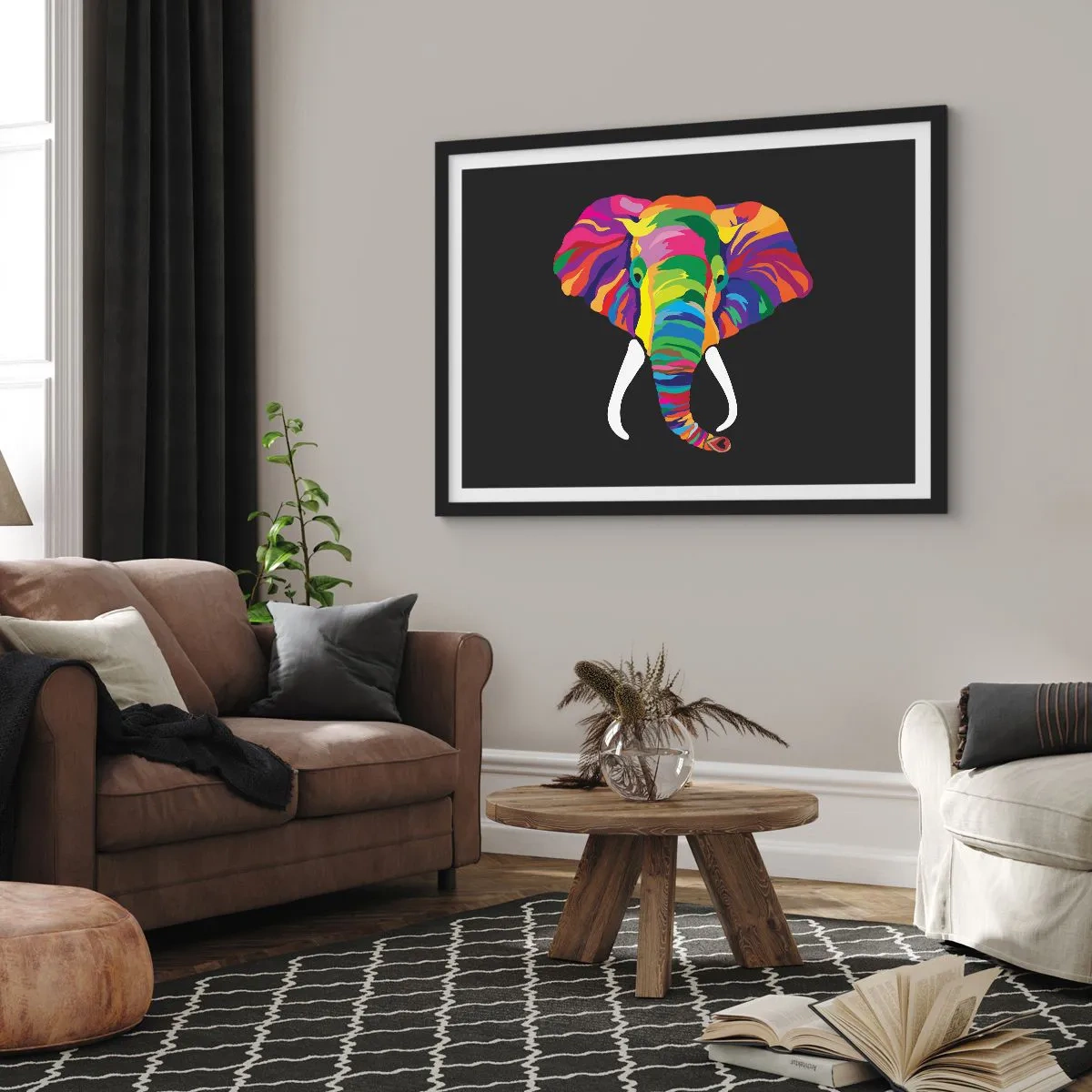 Poster in einem schwarzem Rahmen - Ein buntes Bild eines Elefanten auf schwarzem Hintergrund - 100x70cm - Der Elefant, der es liebte, im Regenbogen zu baden - Moderne Wanddekoration für Wohnzimmer und Schlafzimmer ARTTOR