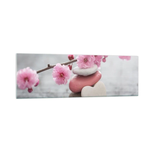 Glasbild - Bild auf glas - Zarte Kirschblüten mit herzförmigen Steinen - 160x50cm - Glückseligkeit mit einer Kirschblüte - Moderne Wanddekoration für Wohnzimmer und Schlafzimmer ARTTOR