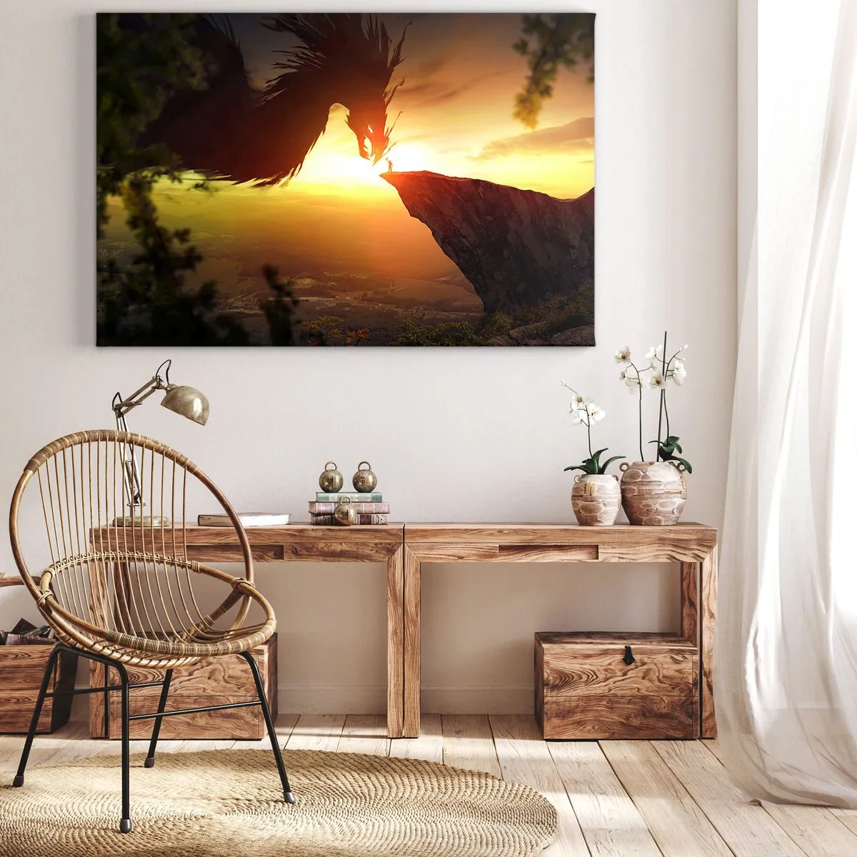 Bild auf Leinwand - Leinwandbild - Ein Drache und ein Mann auf einem Felsen im Schein der untergehenden Sonne - 70x50cm - Drachentöter - Moderne Wanddekoration für Wohnzimmer und Schlafzimmer ARTTOR