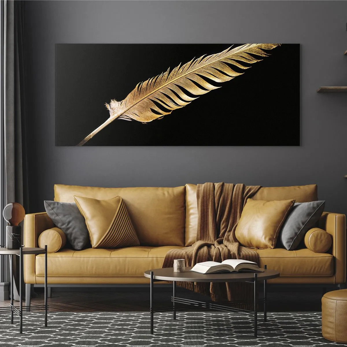 Glasbild - Bild auf glas - Goldene Feder auf schwarzem Hintergrund - 120x50cm - Er hat ein ungewöhnliches Schreibtalent ... - Moderne Wanddekoration für Wohnzimmer und Schlafzimmer ARTTOR