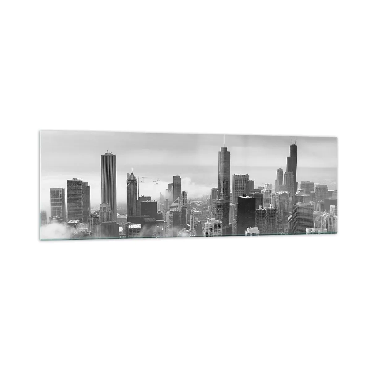 Glasbild - Bild auf glas - Stadtpanorama mit Wolkenkratzern in den Wolken in Schwarzweiß - 160x50cm - Amerikanische Landschaft - Moderne Wanddekoration für Wohnzimmer und Schlafzimmer ARTTOR