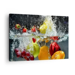 Bild auf Leinwand - Leinwandbild - Bunte Früchte im Wasser bei dynamischer Immersion - 70x50cm - Fruchterfrischung - Moderne Wanddekoration für Wohnzimmer und Schlafzimmer ARTTOR