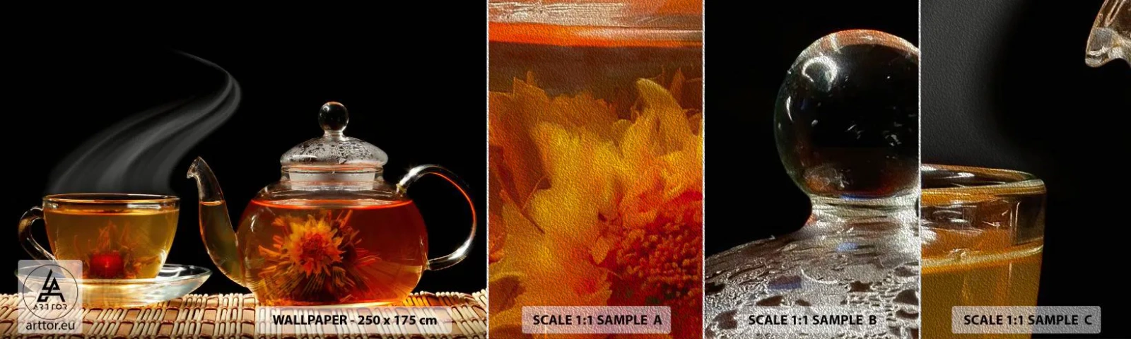 Fototapeten Muster Premium Sand - Die Magie und Kunst des Teezubereitens - Tee, Teekanne, Teetasse - 100x30 cm