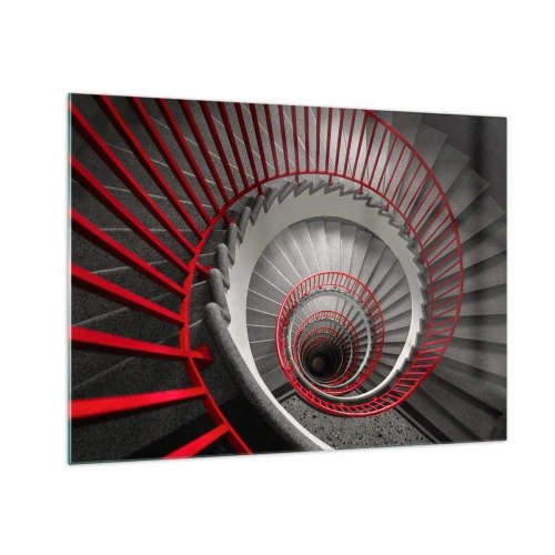 Glasbild - Bild auf glas - Wendeltreppe mit roten Handläufen in der Perspektive - 70x50cm - Architekturspaß - Moderne Wanddekoration für Wohnzimmer und Schlafzimmer ARTTOR