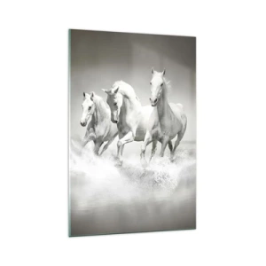 Glasbild - Bild auf glas - Drei weiße Pferde galoppieren durch das Wasser - 70x100cm - Weißer Wahnsinn - Moderne Wanddekoration für Wohnzimmer und Schlafzimmer ARTTOR