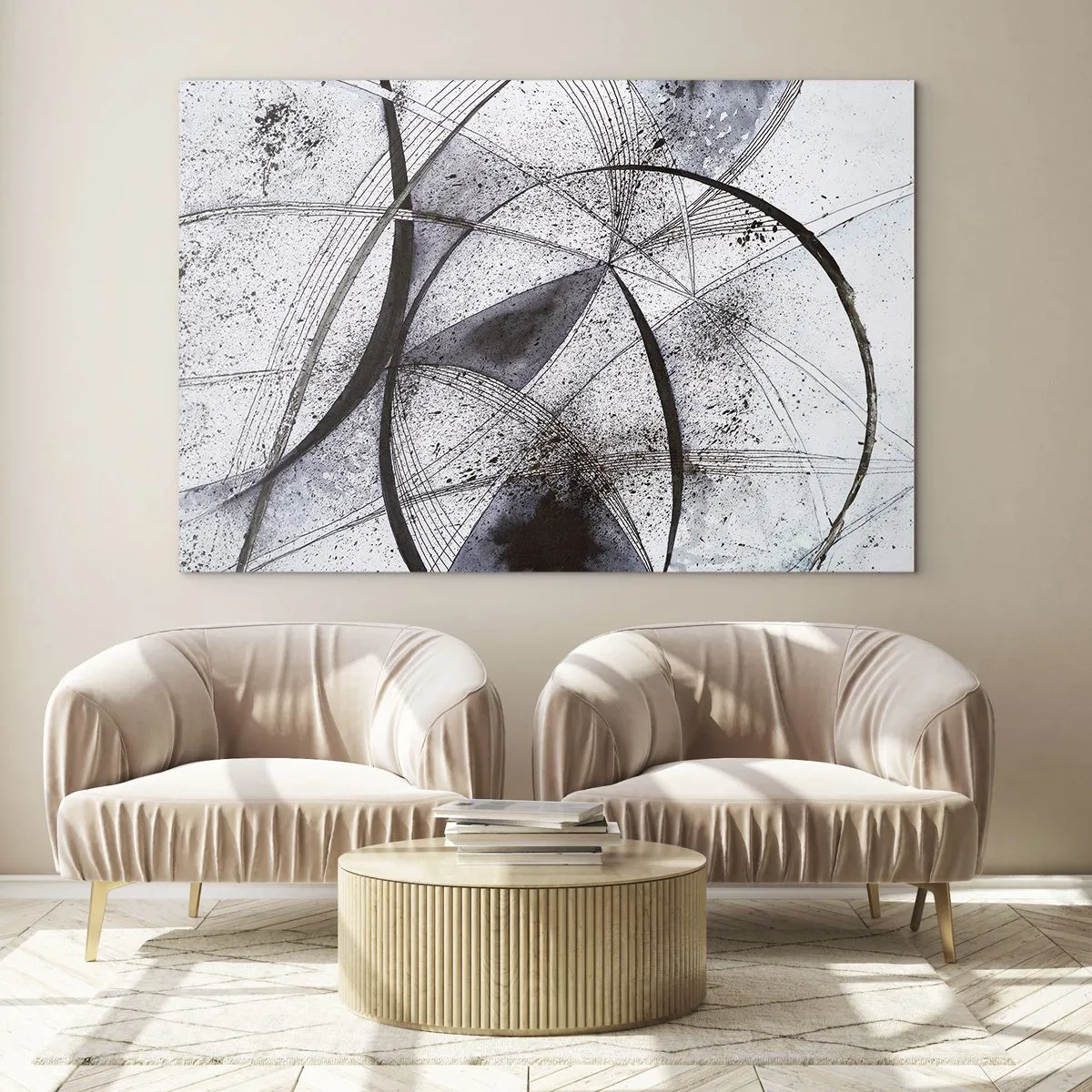Glasbild - Bild auf glas - Eine Schwarz-Weiß-Komposition aus sich kreuzenden Linien und geometrischen Bögen. - 120x80cm - Futuristische Fantasie - Moderne Wanddekoration für Wohnzimmer und Schlafzimmer ARTTOR
