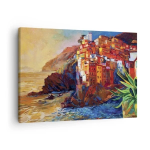 Bild auf Leinwand - Leinwandbild - Bunte Häuser auf einer Klippe über dem Meer - 70x50cm - Italienische Atmosphäre - Moderne Wanddekoration für Wohnzimmer und Schlafzimmer ARTTOR