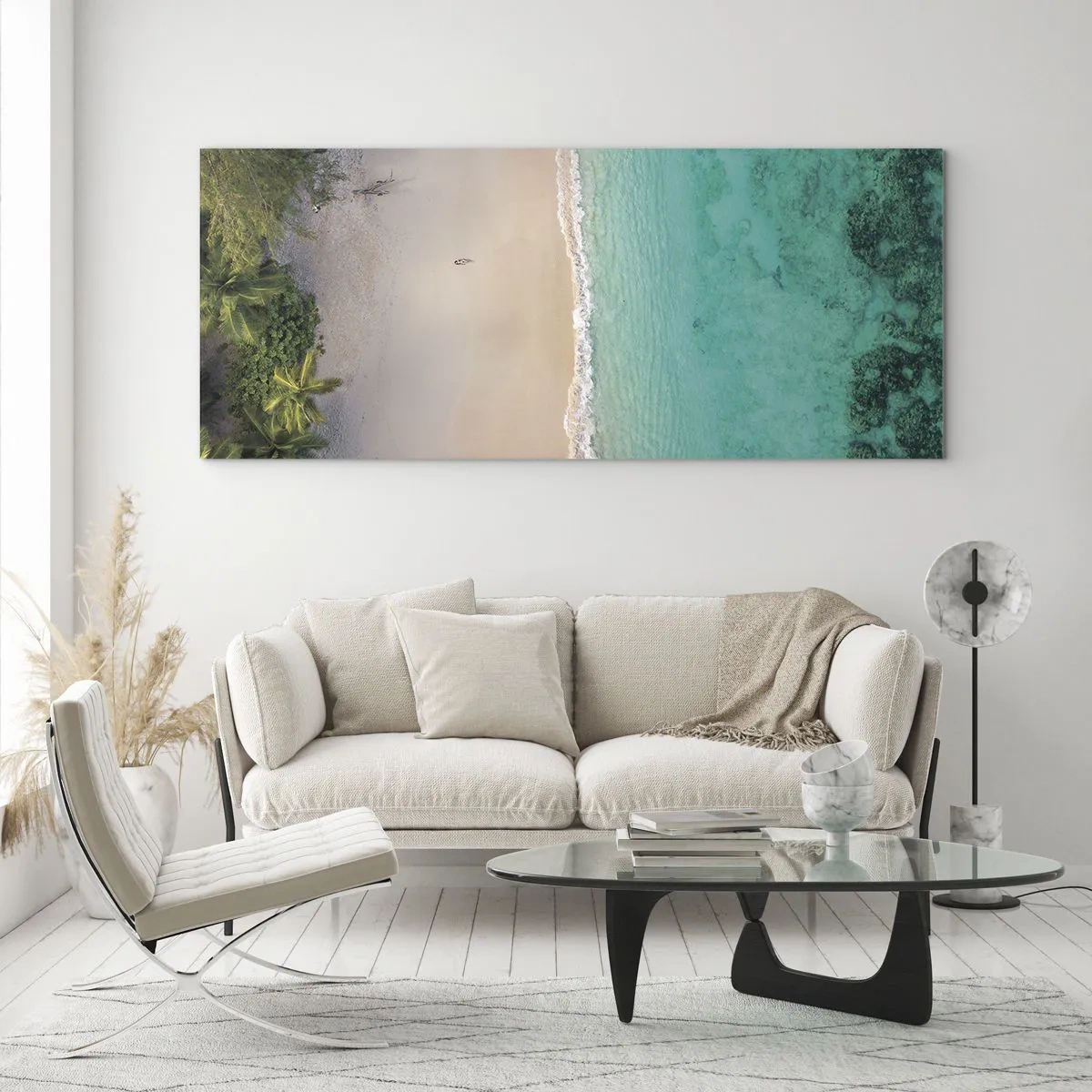 Glasbild - Bild auf glas - Luftaufnahme eines tropischen Strandes mit türkisfarbenem Wasser - 140x50cm - Paradiesstrand - Moderne Wanddekoration für Wohnzimmer und Schlafzimmer ARTTOR