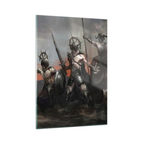 Glasbild - Bild auf glas - Krieger mit Speeren und Schilden vor dem roten Himmel - 50x70cm - Mit oder auf einem Schild - Moderne Wanddekoration für Wohnzimmer und Schlafzimmer ARTTOR