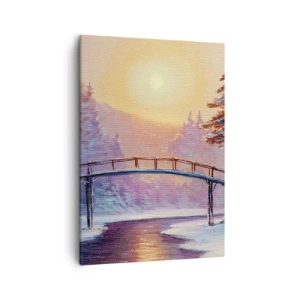 Bild auf Leinwand - Leinwandbild - Winterlandschaft mit einer vom Sonnenuntergang beleuchteten Brücke - 50x70cm - Vier Jahreszeiten - Winter - Moderne Wanddekoration für Wohnzimmer und Schlafzimmer ARTTOR