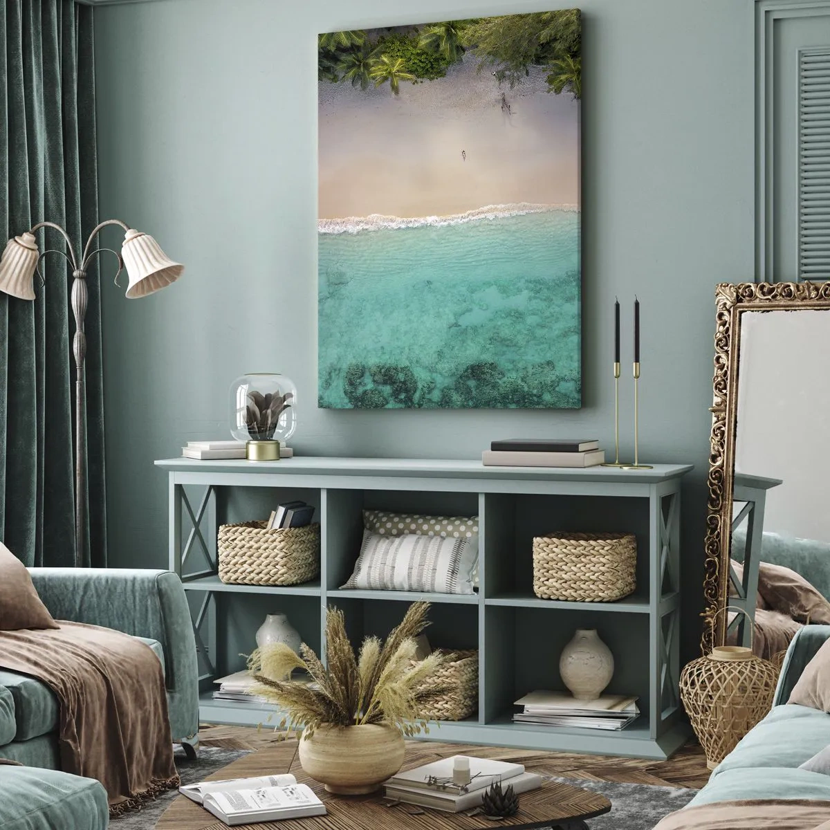 Bild auf Leinwand - Leinwandbild - Luftaufnahme eines tropischen Strandes mit türkisfarbenem Wasser - 70x100cm - Paradiesstrand - Moderne Wanddekoration für Wohnzimmer und Schlafzimmer ARTTOR