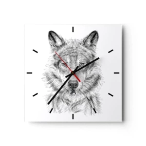 Wanduhr - Glasuhr - Skizze eines Wolfskopfes im monochromen Stil auf weißem Hintergrund - 30x30cm - Ein geborener Anführer - Moderne Wanddekoration für Wohnzimmer und Schlafzimmer ARTTOR