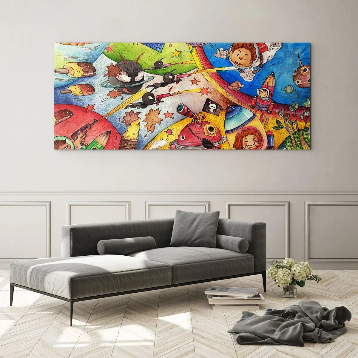 Glasbild - Bild auf glas - Eine bunte Weltraumszene voller Kinder und Raumschiffe - 160x50cm - Tolles Weltraumabenteuer - Moderne Wanddekoration für Wohnzimmer und Schlafzimmer ARTTOR