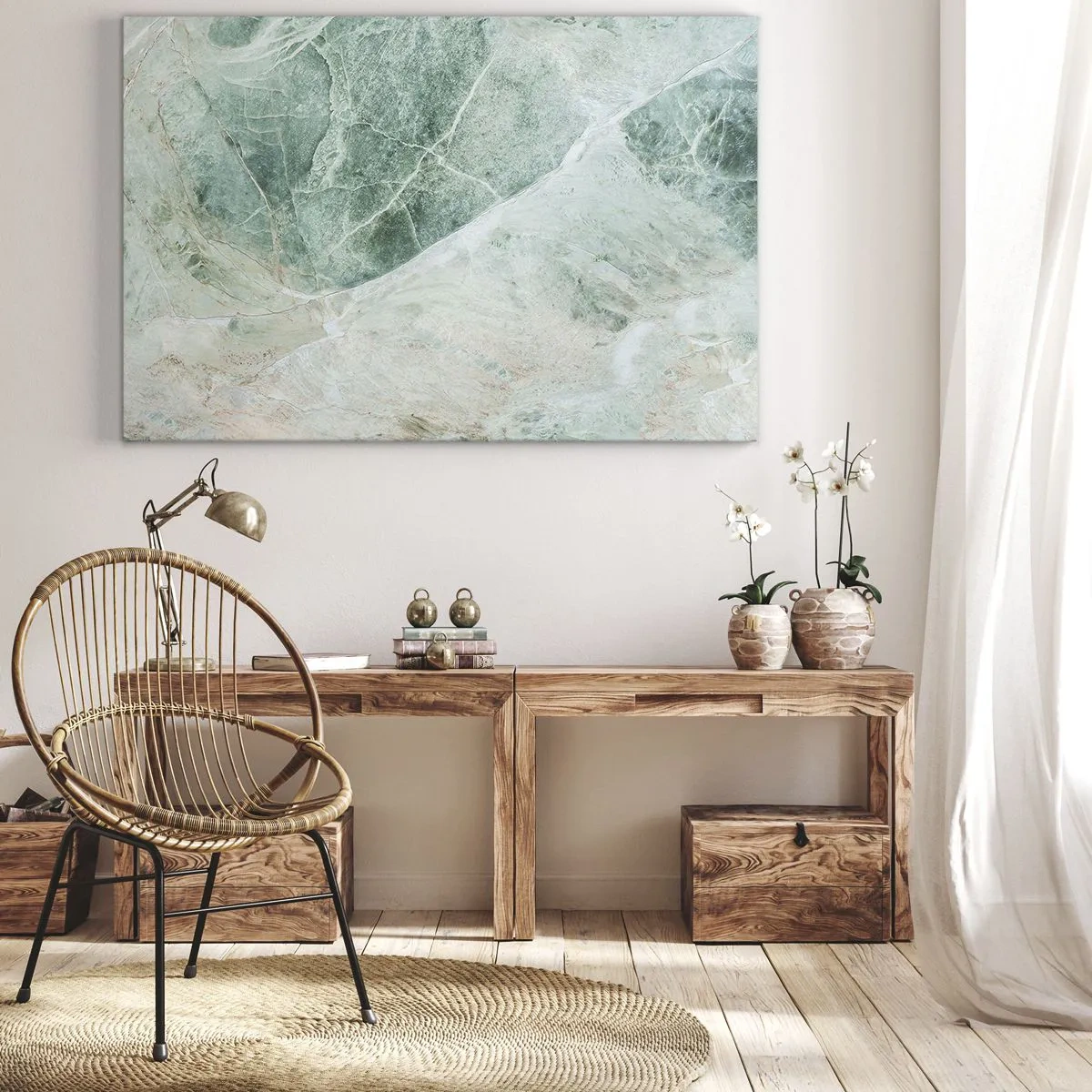 Bild auf Leinwand - Leinwandbild - Grüner Marmor mit zarten weißen Adern - 70x50cm - Edle Kälte des Steins - Moderne Wanddekoration für Wohnzimmer und Schlafzimmer ARTTOR