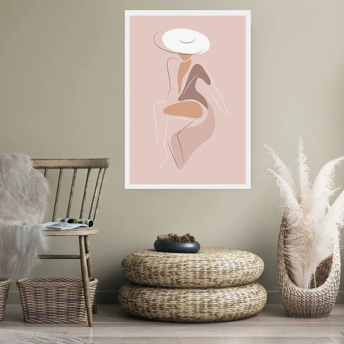 Poster - Ein minimalistisches Bild einer Frau mit Hut auf beigem Hintergrund. - 50x70cm - Eine Dame sein - Moderne Wanddekoration für Wohnzimmer und Schlafzimmer ARTTOR