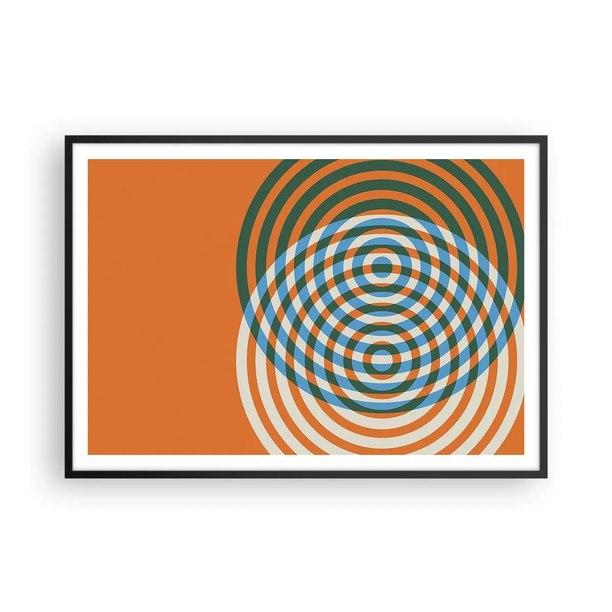 Poster in einem schwarzem Rahmen - Konzentrische Kreise auf orangefarbenem Hintergrund - 100x70cm - Abstrakte kreisförmige Variation - Moderne Wanddekoration für Wohnzimmer und Schlafzimmer ARTTOR