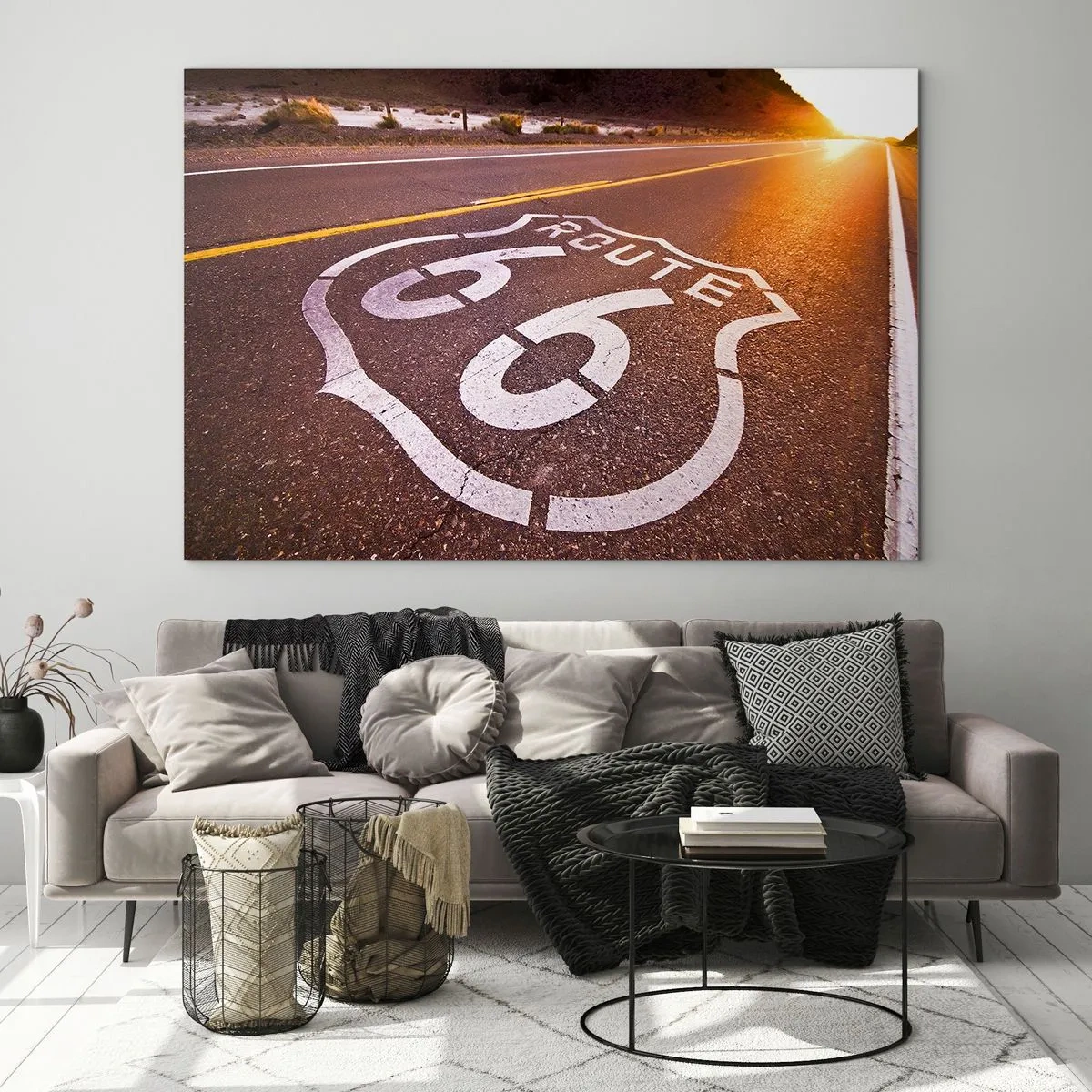Glasbild - Bild auf glas - Route 66 bei Sonnenuntergang - 100x70cm - Die berühmte Straße 66 - Moderne Wanddekoration für Wohnzimmer und Schlafzimmer ARTTOR