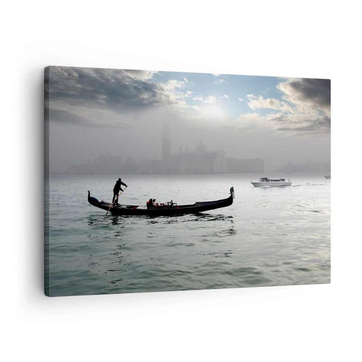 Bild auf Leinwand - Leinwandbild - An einem nebligen Morgen gleitet eine Gondel über die Gewässer Venedigs und bietet einen Blick auf die Stadt. - 70x50cm - Eine fabelhafte Stadt aus Wasser und Nebel - Moderne Wanddekoration ARTTOR