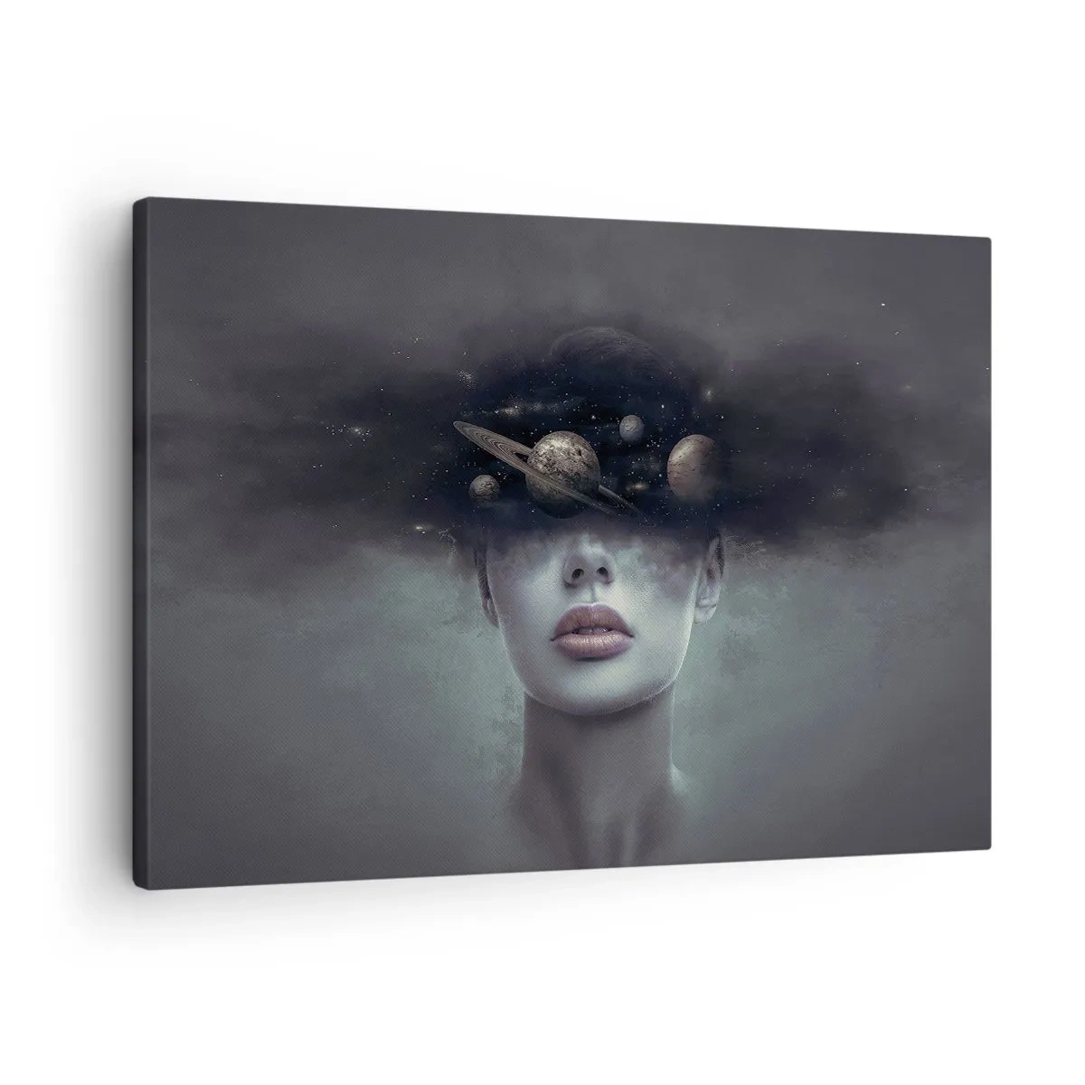 Bild auf Leinwand - Leinwandbild - Ein Frauengesicht mit einem Planeten- und Weltraummotiv im Hintergrund - 70x50cm - Und die Planeten spielen verrückt ... - Moderne Wanddekoration für Wohnzimmer und Schlafzimmer ARTTOR