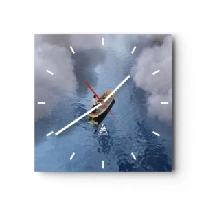 Wanduhr - Glasuhr - Ein Mann in einem Boot auf einem ruhigen Meer, umgeben von Wolken - 30x30cm - Leben – Reise – unbekannt - Moderne Wanddekoration für Wohnzimmer und Schlafzimmer ARTTOR