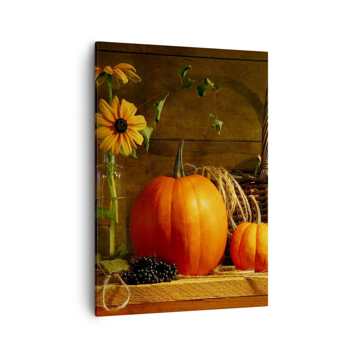 Bild auf Leinwand - Leinwandbild - Herbstkomposition mit Kürbissen und Blumen auf Holzhintergrund - 50x70cm - Eine rustikale Komposition - Geschenke des Herbstes - Moderne Wanddekoration für Wohnzimmer und Schlafzimmer ARTTOR