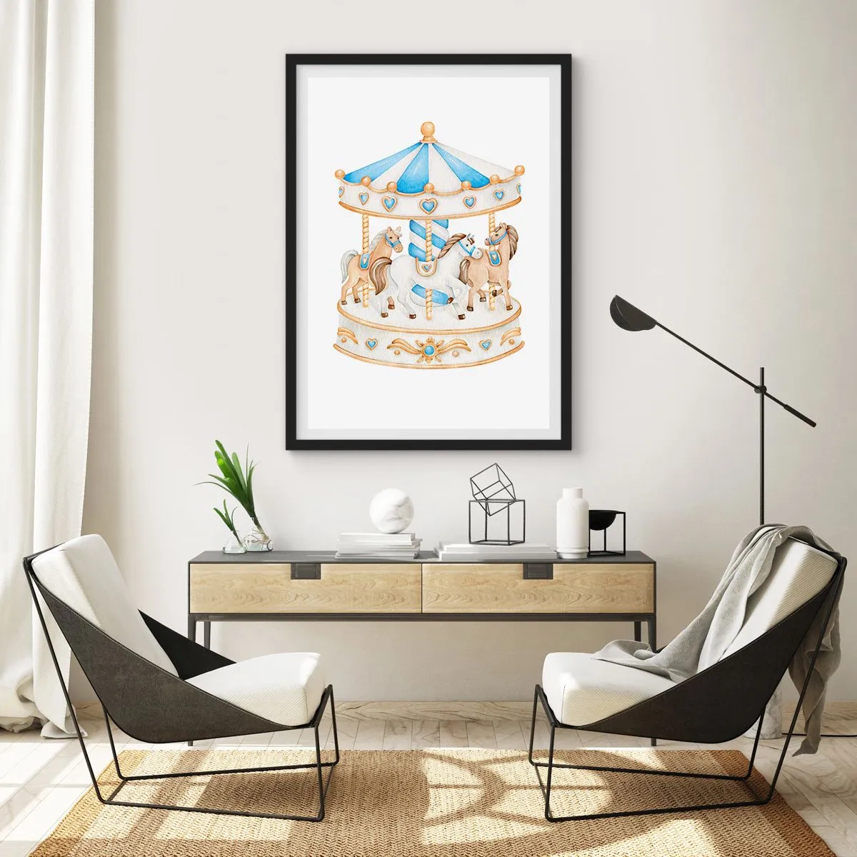 Poster in einem schwarzem Rahmen - Aquarellkarussell in Pastelltönen von Blau und Gold - 50x70cm - Süße Kindheit - Moderne Wanddekoration für Wohnzimmer und Schlafzimmer ARTTOR