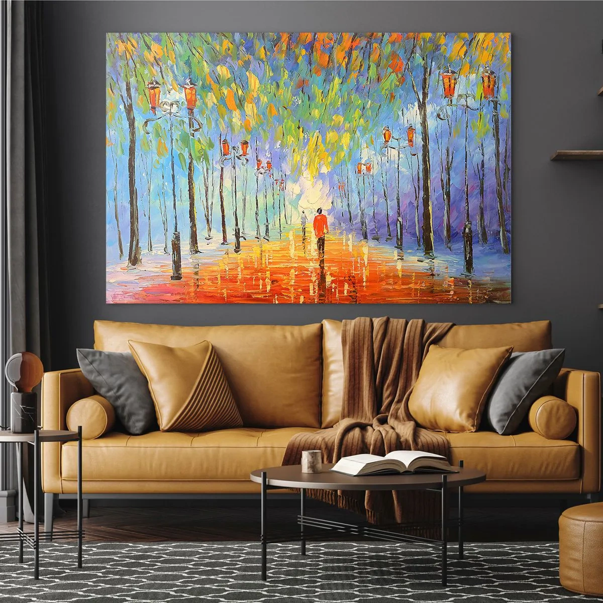 Glasbild - Bild auf glas - Ein farbenfroher Park mit einer Allee und Laternen im malerischen Stil - 100x70cm - Nachtlied des Regens - Moderne Wanddekoration für Wohnzimmer und Schlafzimmer ARTTOR