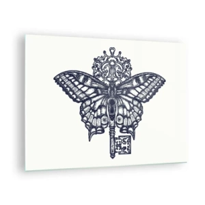 Glasbild - Bild auf glas - Abbildung eines Schmetterlings mit einem Schlüssel in der Mitte - 70x50cm - Alle Geheimnisse des Herzens - Moderne Wanddekoration für Wohnzimmer und Schlafzimmer ARTTOR